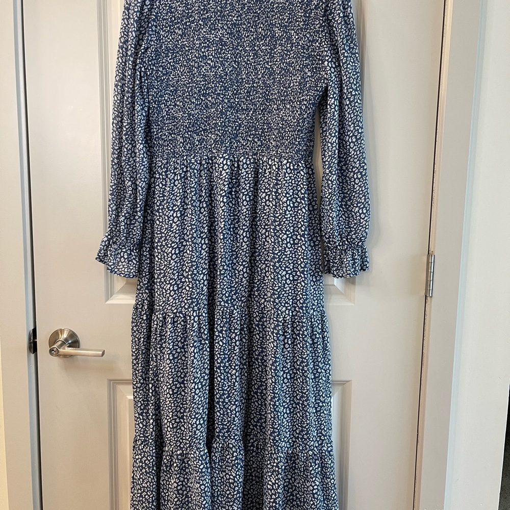 SHEIN  – Smocked Leopard Print Maxi Dress – Navy Long Sleeve Tiered – Size L